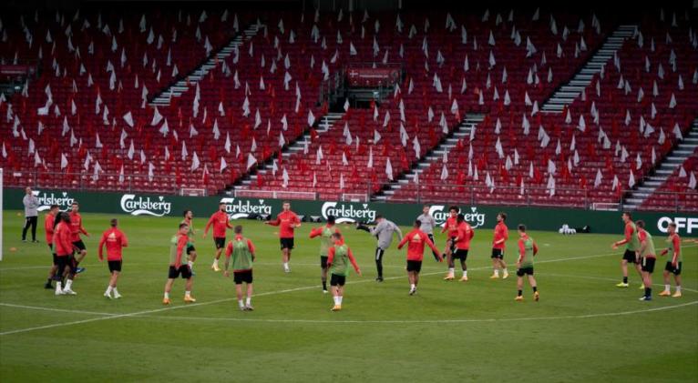 La selección de fútbol de Bélgica durante una sesión de entrenamiento en Parken Stadion, Dinamarca, 4 de septiembre de 2020. Foto: AFP
