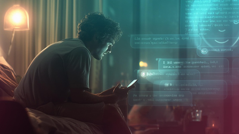 Joven dialogando con un chatbot en su habitación