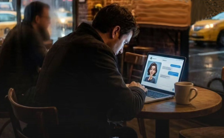 Joven en cita con avatar IA