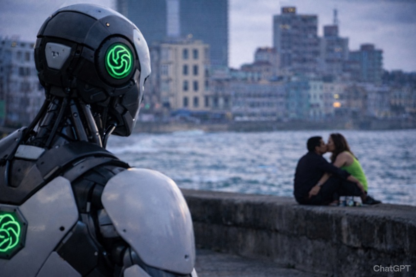 Imagen iustrativa de androide contemplando a pareja en malecón habanero