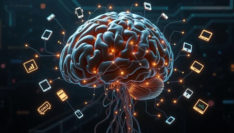 Ilustración de cerebro rodeado por nuevas tecnologías