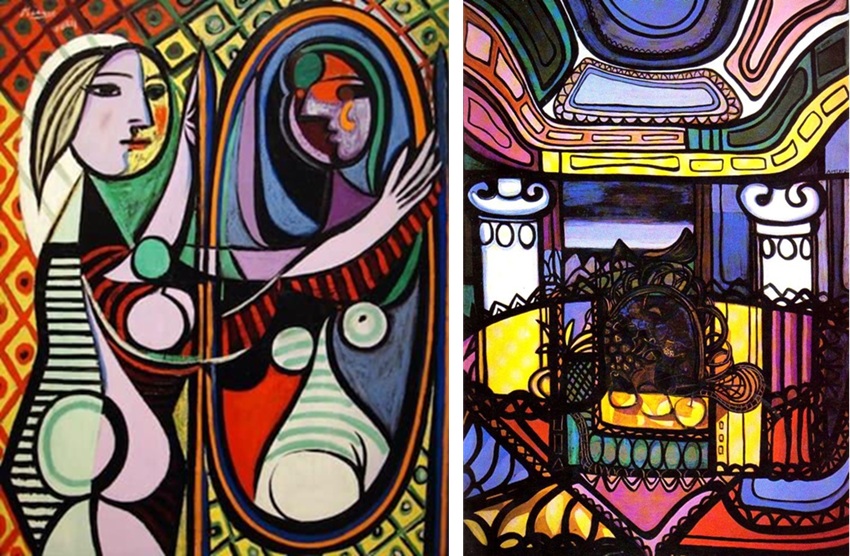 Chica frente a un espejo, 1932 (Picasso) / Interior con columnas, 1951 (Amelia)