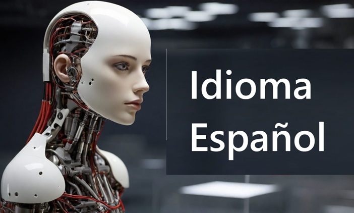 perfil de androide frente a letrero de idioma español