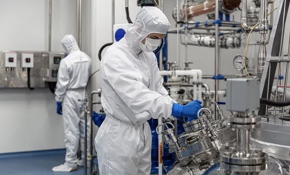 Working in a laboratory with full protective gear