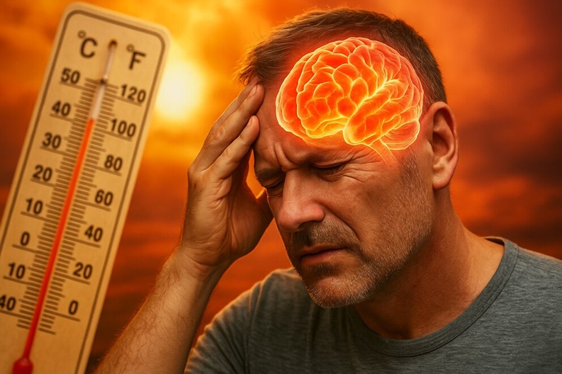 Imagen ilustrativa de hombre cuyo cerebro se ve afectado por altas temperaturas