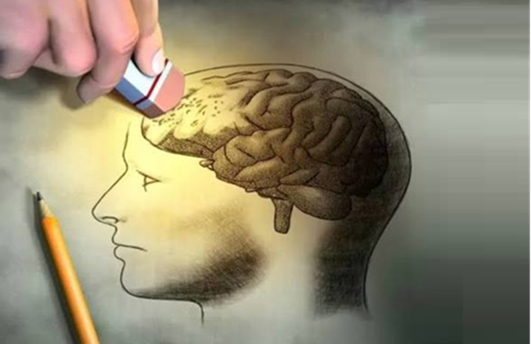 Ilustración de cerebro humano siendo borrado con goma de borrar