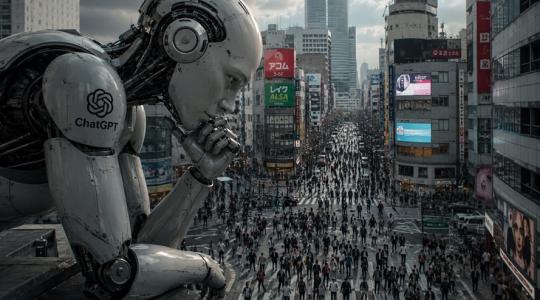 La IA personalizada en un androide contemplando el pasar de los humanos